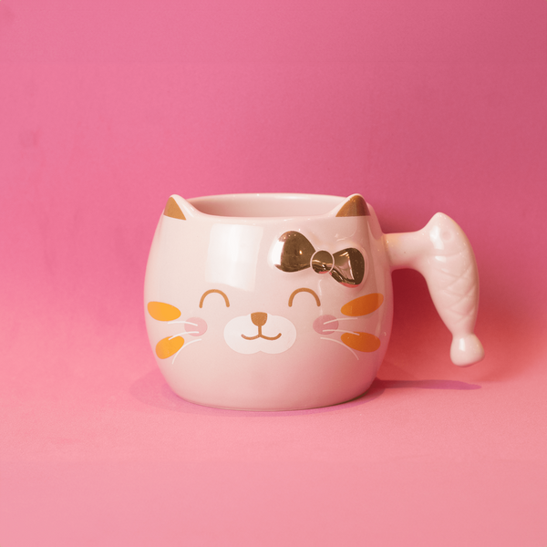 Caneca de Porcelana Cat Loves Fish - Rosa